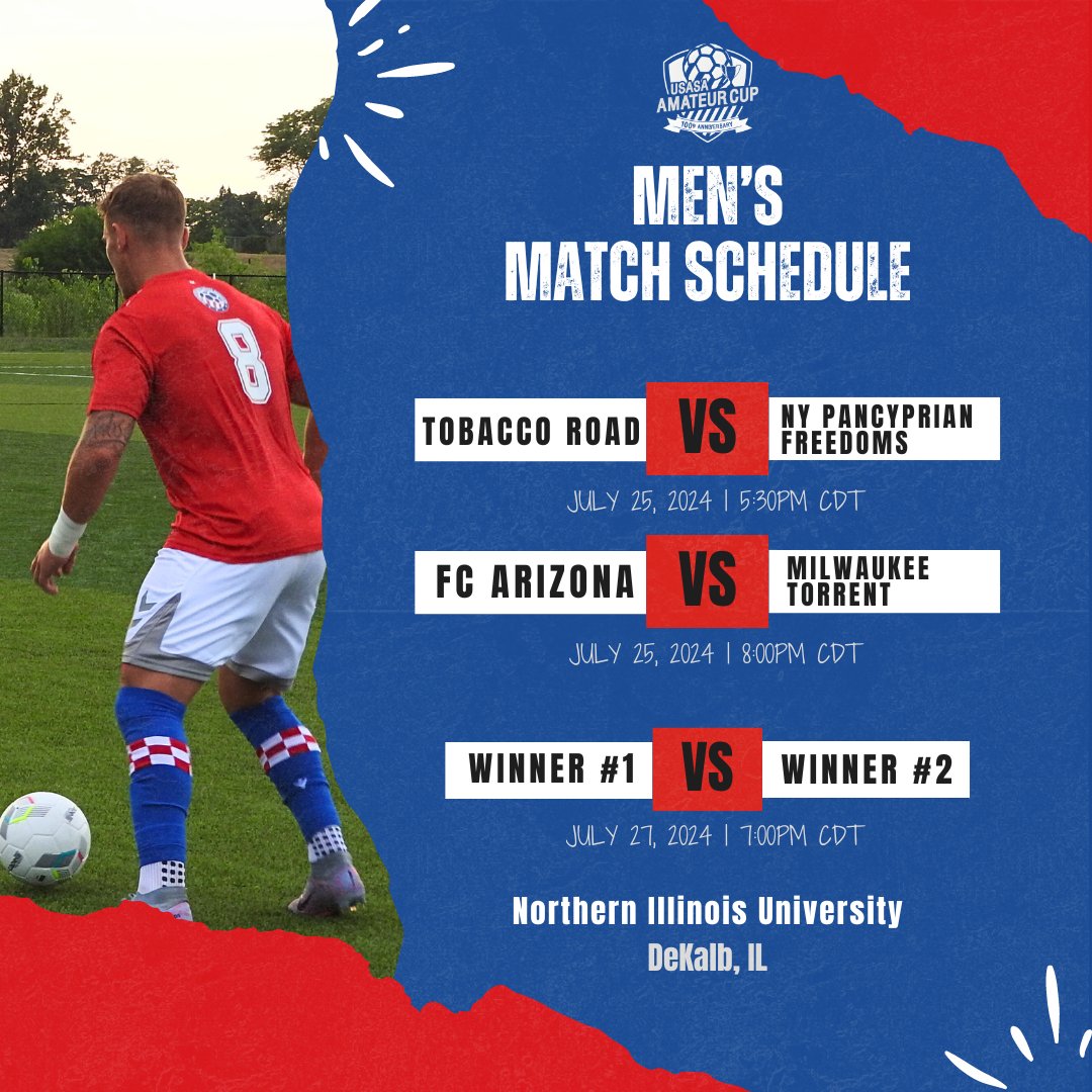 USAdultSoccer's tweet photo. First match of #NationalAmateurCup kicks of TOMORROW!

Here's a look at this week's schedule for the men's and women's #AmateurCup🏆

Games will be streamed so stay tuned👀

#USASA #usadultsoccer #amateursoccer #usasaAmateurCup https://t.co/jYYah0mUzy