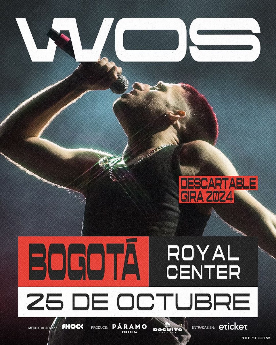 #UPDATE: 🚨CAMBIO DE VENUE🚨 

El concierto de WOS se mueve del Chamorro City Hall al Royal Center 📍 

Octubre 25 🗓️

Entradas disponibles en <a href="/eticketCOL/">eticket Colombia</a> 🎫