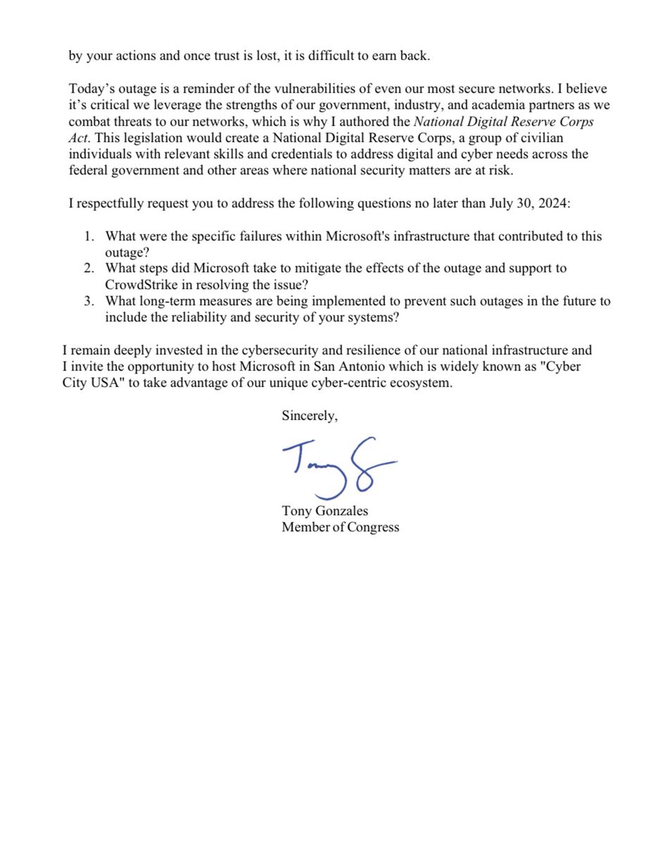 NEW: Today’s massive IT failure is a reminder of the vulnerabilities that remain even within our most secure networks.

The world deserves answers. I’m calling on Mircosoft and CrowdStrike to address this matter immediately. ⬇️