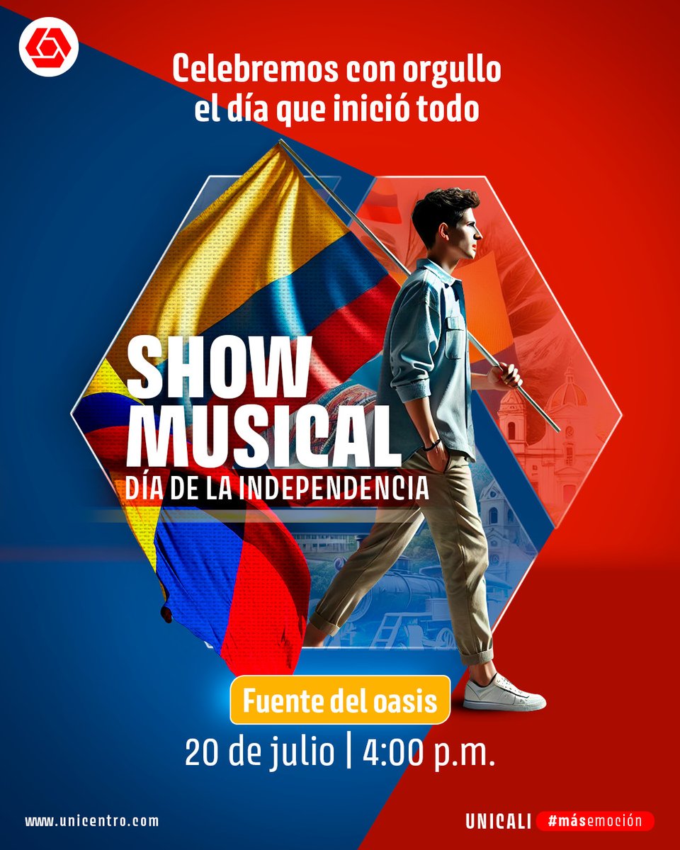 cali_unicentro's tweet photo. 🇨🇴 Celebremos la pasión y orgullo de ser colombianos, elevando en alto nuestros colores que representan la fuerza de nuestra gente con #MásEmoción ❤️

Te esperamos mañana, 20 de julio, a las 4:00pm, para disfrutar de un show musical del Día de la Independencia. https://t.co/EijUAEttBI