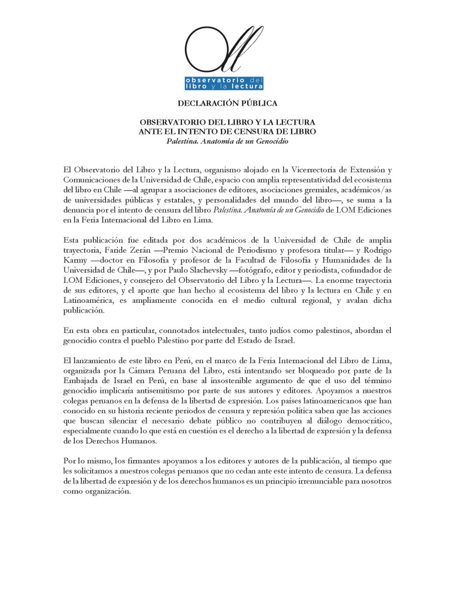 Declaración Pública del OLL sobre intento de censura del libro "Palestina. Anatomía de un Genocidio" de @LomEdiciones en la @FILLima2024