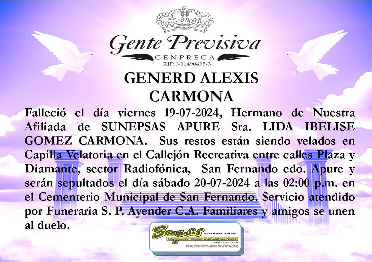 GENTEPREVISIVA's tweet photo. NOTA DE FALLECIMIENTO: GENERD ALEXIS CARMONA #GentePrevisiva #Obituarios #ServiciosFunerarios https://t.co/AY6lfRluDq