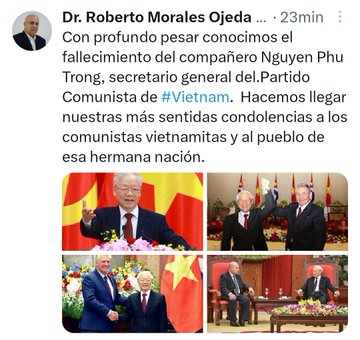 CubaMre's tweet photo. Desde el Partido Comunista de #Cuba profundas muestras de pesar y respeto luego de conocer la triste noticia del fallecimiento del secretario general del Partido Comunista de Vietnam, Nguyen Phu Trong. https://t.co/uD0KGEDHcH