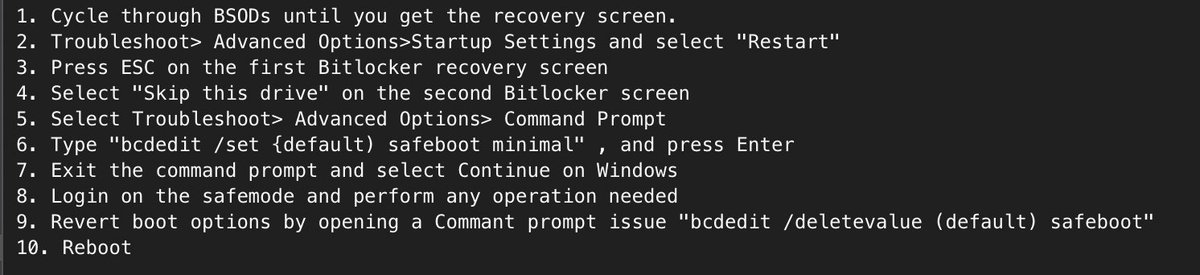 Bypass Bitlocker with the following steps, in case you need to recover from CrowdStrike caused Windows BlueScreen.