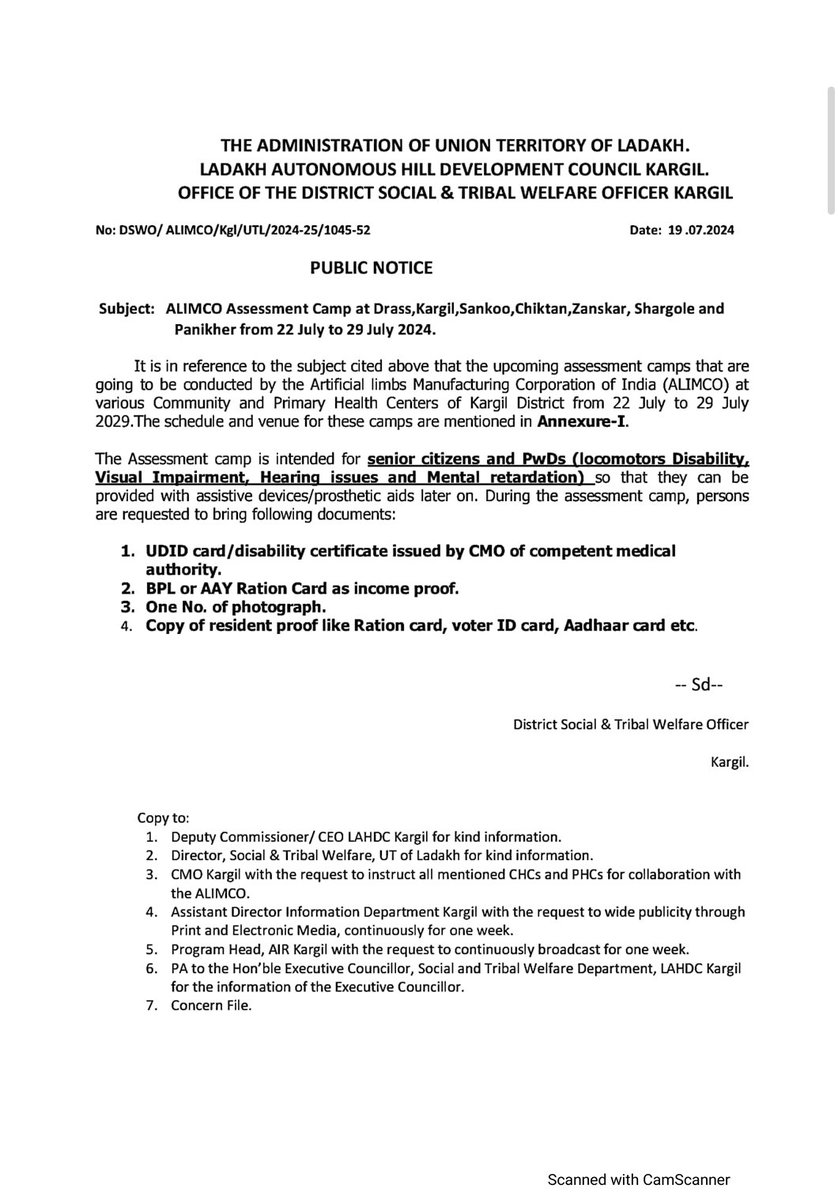 DIPR_Kargil's tweet photo. ALIMCO Assessment Camp at Drass, Kargil, Sankoo, Chiktan, Zanskar, Shargole and Panikher from 22 July to 29 July 2024.

@Info_Ladakh 
@DDNewslive 
@ddnewsladakh 
@airnewskargil https://t.co/FZ25JWw2CJ