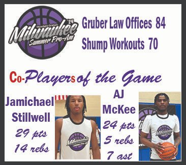 Friday 7/19 In Game 3 Jamichael Stillwell <a href="/Jamichaelstill1/">Jamichael Stillwell</a> and AJ McKee <a href="/ajwitdashot/">Aj Mckee</a>  led Gruber Law beat Shump Workouts 84-70. Stillwell had 29pts &amp; 14rebs while McKee had 24pts, 5rebs &amp; 7ast.  Shump Workouts were led by John Lovelace’s <a href="/johnLovelaceJr1/">Johnny Lovelace Jr</a> 22pts &amp; 5rebs.