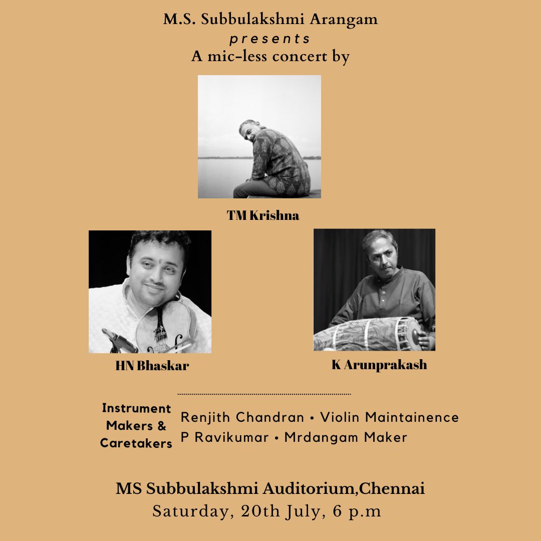 tmkrishna's tweet photo. M.S. Subbulakshmi Arangam presents a mic-less concert by TM Krishna today at MS Subbulakshmi Auditorium, Chennai at 6 pm. https://t.co/MA37OlJPZP
