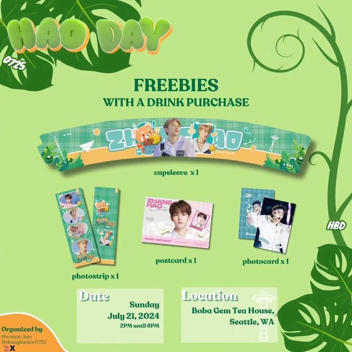 seattleboba's tweet photo. 💚 HAO Day: A Zhang Hao cupsleeve event by @wanan_hao and @ZhangHaoBar0725 💚

📆 Sunday, July 21st from 2 to 6 PM

📌 Boba Gem Tea House

Get a cupsleeve, photo strip, postcard and photocard with drink purchase, plus additional goodies through donations &amp; lucky draws! https://t.co/aa1W31uJ9T