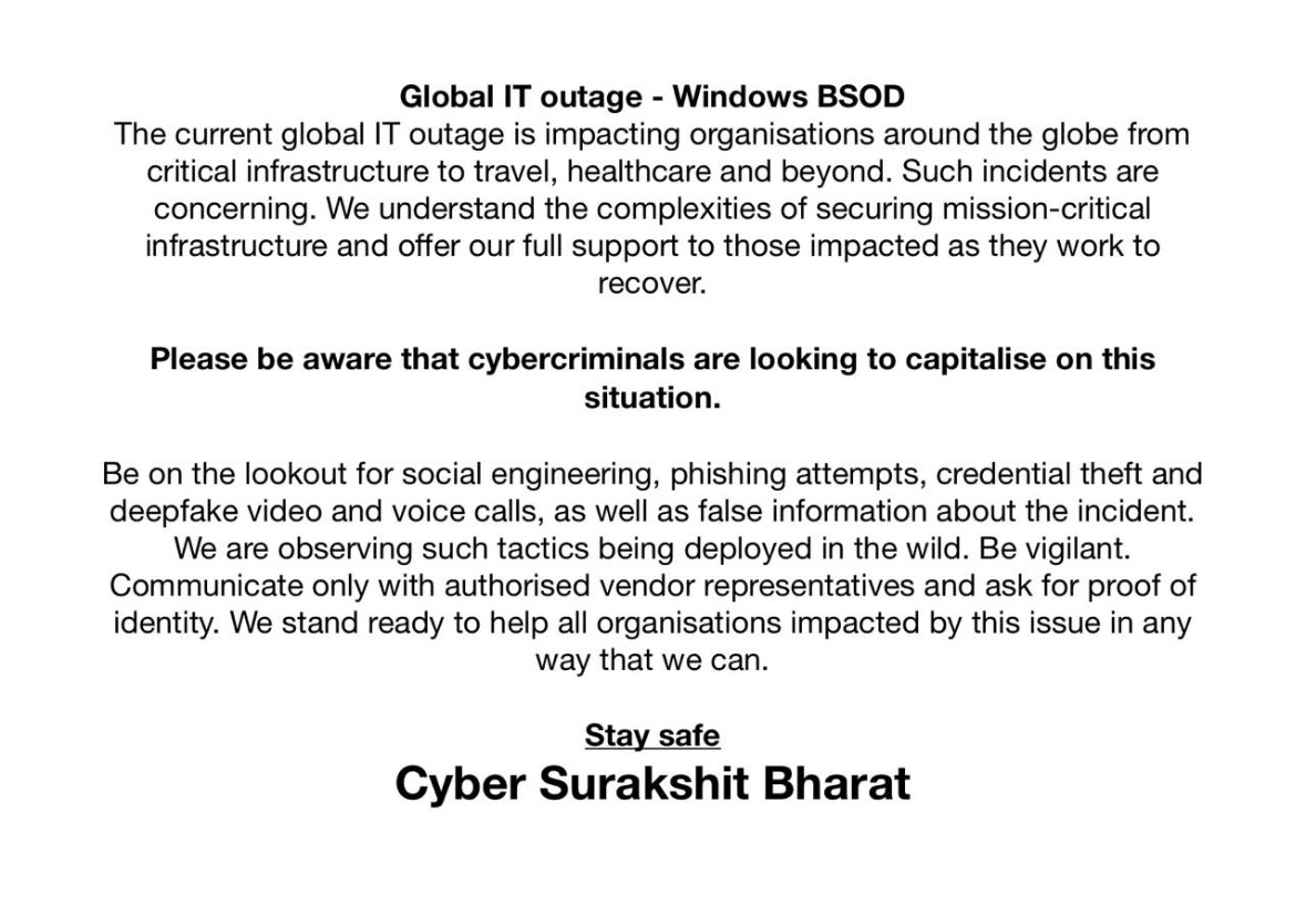 CyberSecureIN's tweet image. Cyber Criminals are looking to capitalise on #Crowdstirke #WindowsBSOD situation.

Be Vigilant and Stay Safe 😎

@TheCyberSecHub @CISAgov @DHSgov @NCSC @GoI_MeitY @Cyberdost @elonmusk
