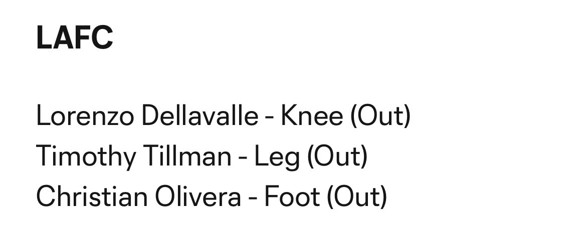 JeremiahOshan's tweet photo. Sounders-LAFC availability report. Tillman and Olivera out. Not listed but giroud won’t be available either. https://t.co/i6YTD7Tgo4