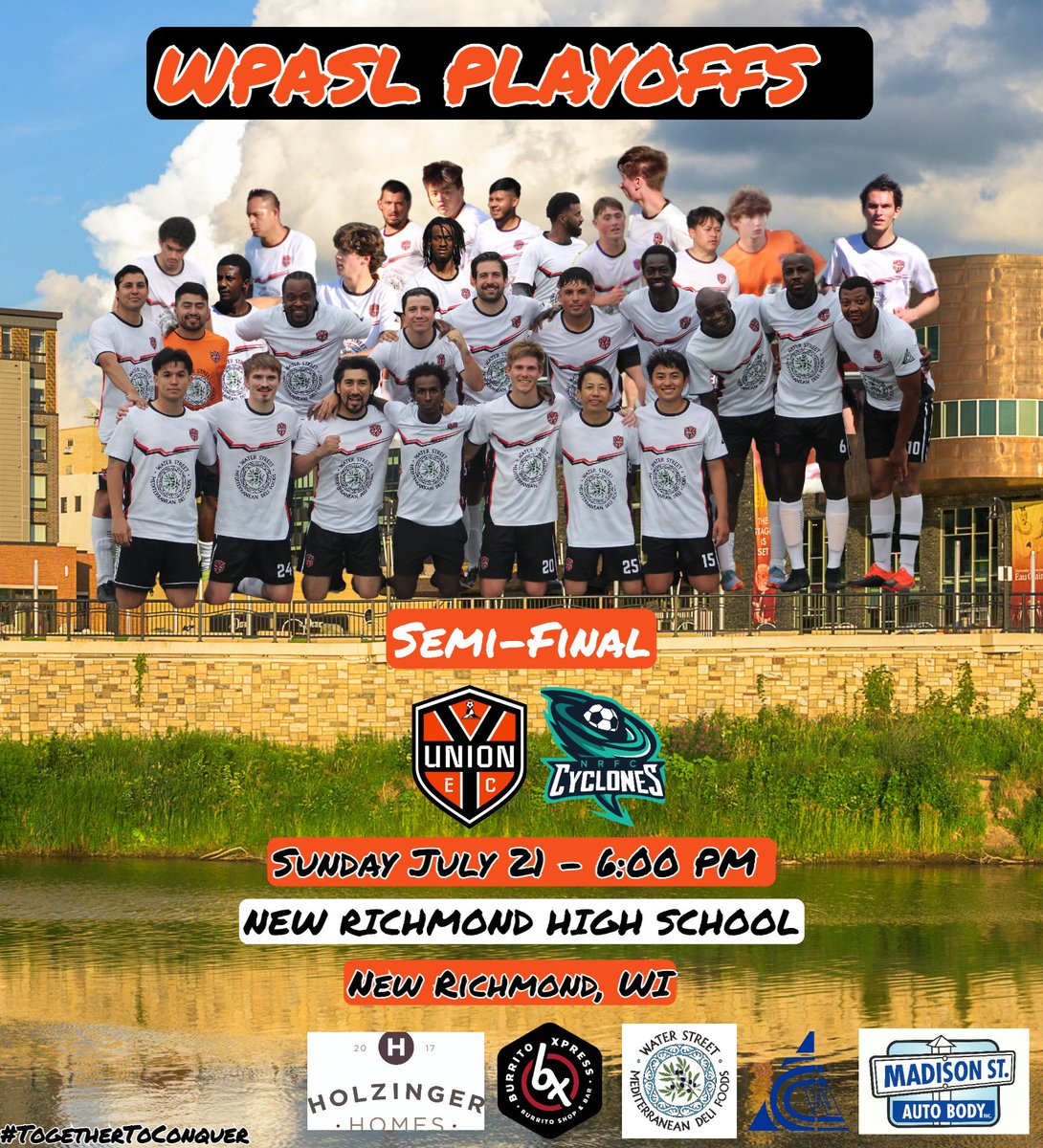 UnionECFC's tweet image. WPASL Semi-Final

We're taking on the New Richmond Cyclones, the West Division leader, this Sunday in New Richmond.

If you're in the area, come to support your Union team.

🆚 Cyclones
📆 7.21.2024
⏰ 6:00 PM CT
🏟️ New Richmond High School
📍New Richmond, WI

#TogetherToConquer
