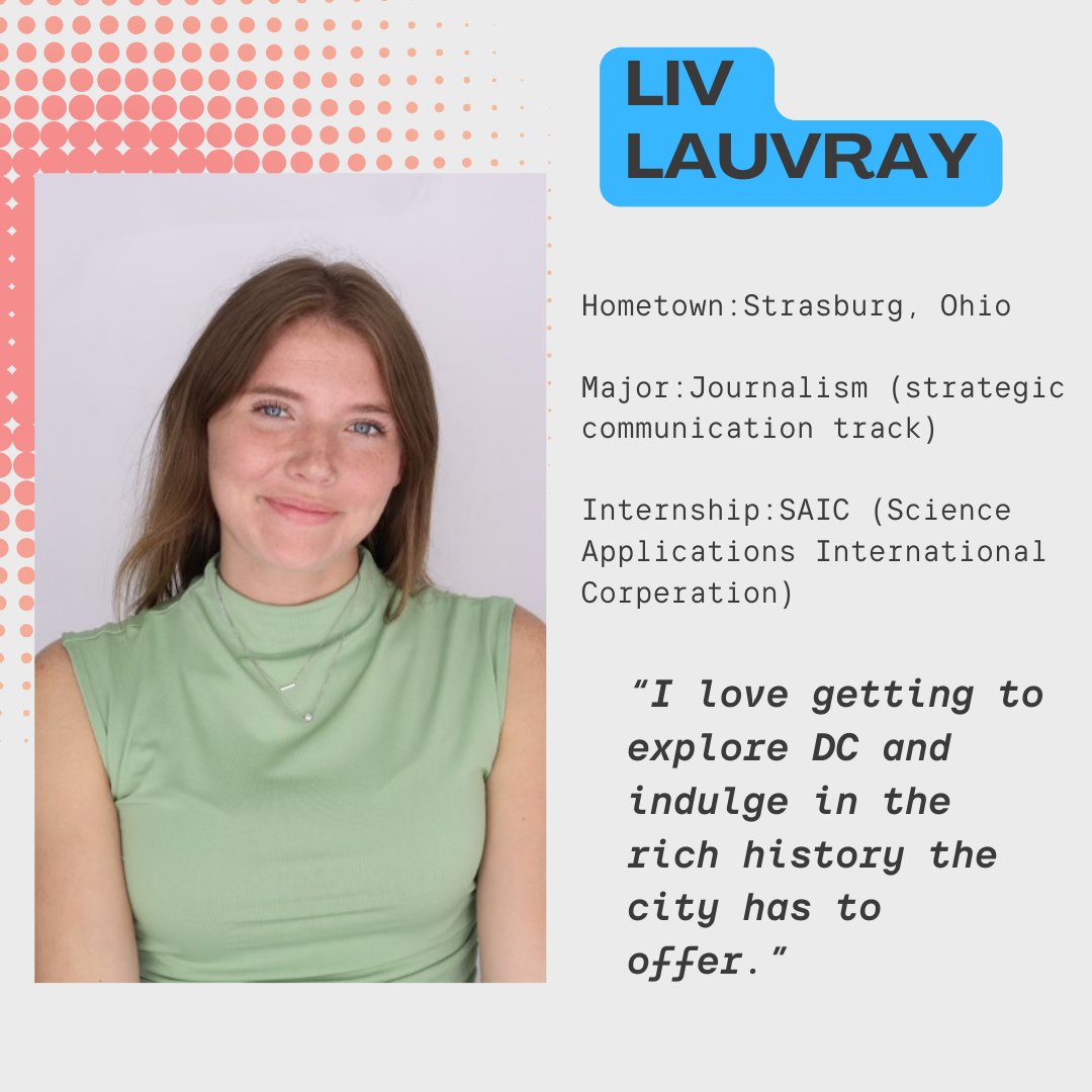 MEET THE COHORT 👋 : Liv Lauvray!

Liv is a part of the communications team for a military defense government contractor this summer that specializes in technology. To support military efforts with tech solutions, Liv helps with social media and fact-checks alternate sources.