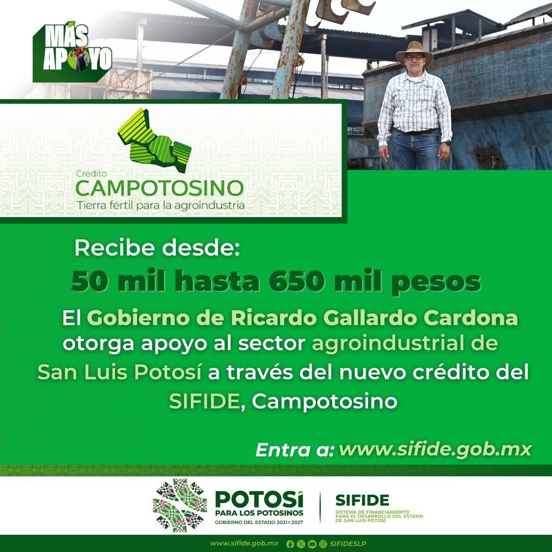 El Gobierno de <a href="/RGC_Mx/">Ricardo Gallardo Cardona 🇲🇽</a>, a través del @SIFIDESLP, brinda #MásApoyo a las MIPYMES del sector agrícola potosino con el nuevo crédito Campotosino, tierra fértil para la agroindustria. Conoce la historia de éxito de Marco Antonio Guillén Rivera: shorturl.at/rHM3X