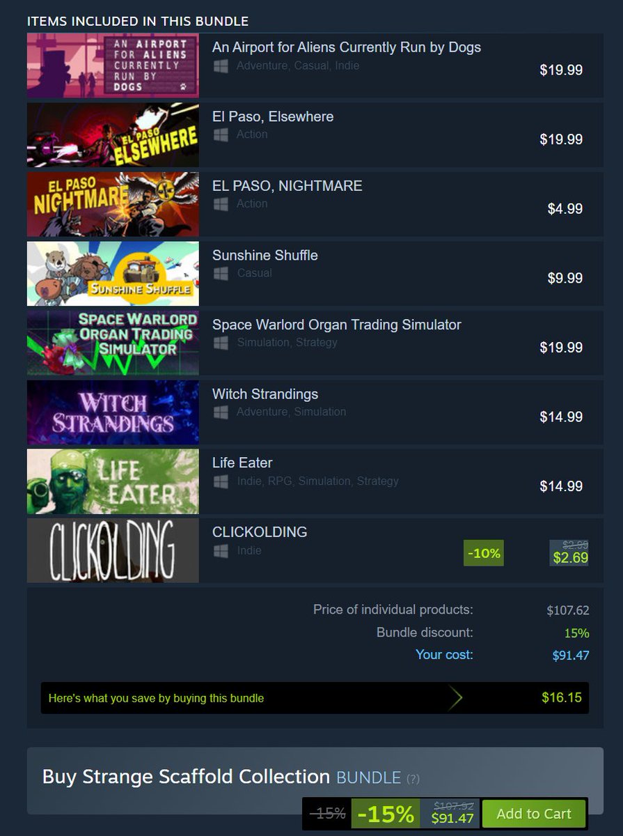 WritNelson's tweet photo. In case you wanted to accompany your 3 dollar game with *checks notes* another 104 dollars worth of merchandise

The Strange Scaffold Collection bundle now includes CLICKOLDING

Happy weekend
https://t.co/NXJQwGyZD3 https://t.co/GSuHyXI84w