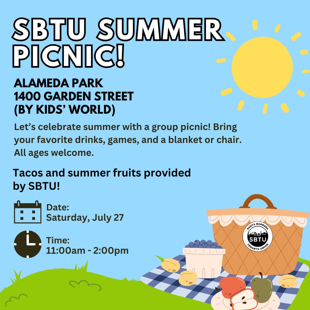 sbtenantsunion's tweet photo. Mark your calendars! 📅

July 27th we will be having our summer picnic at Alameda Park! 🌮

¡Marquen sus calendarios! 

¡El 27 de julio tendremos nuestro picnic de verano en Alameda Park! 🌮 https://t.co/TtK8li1eni