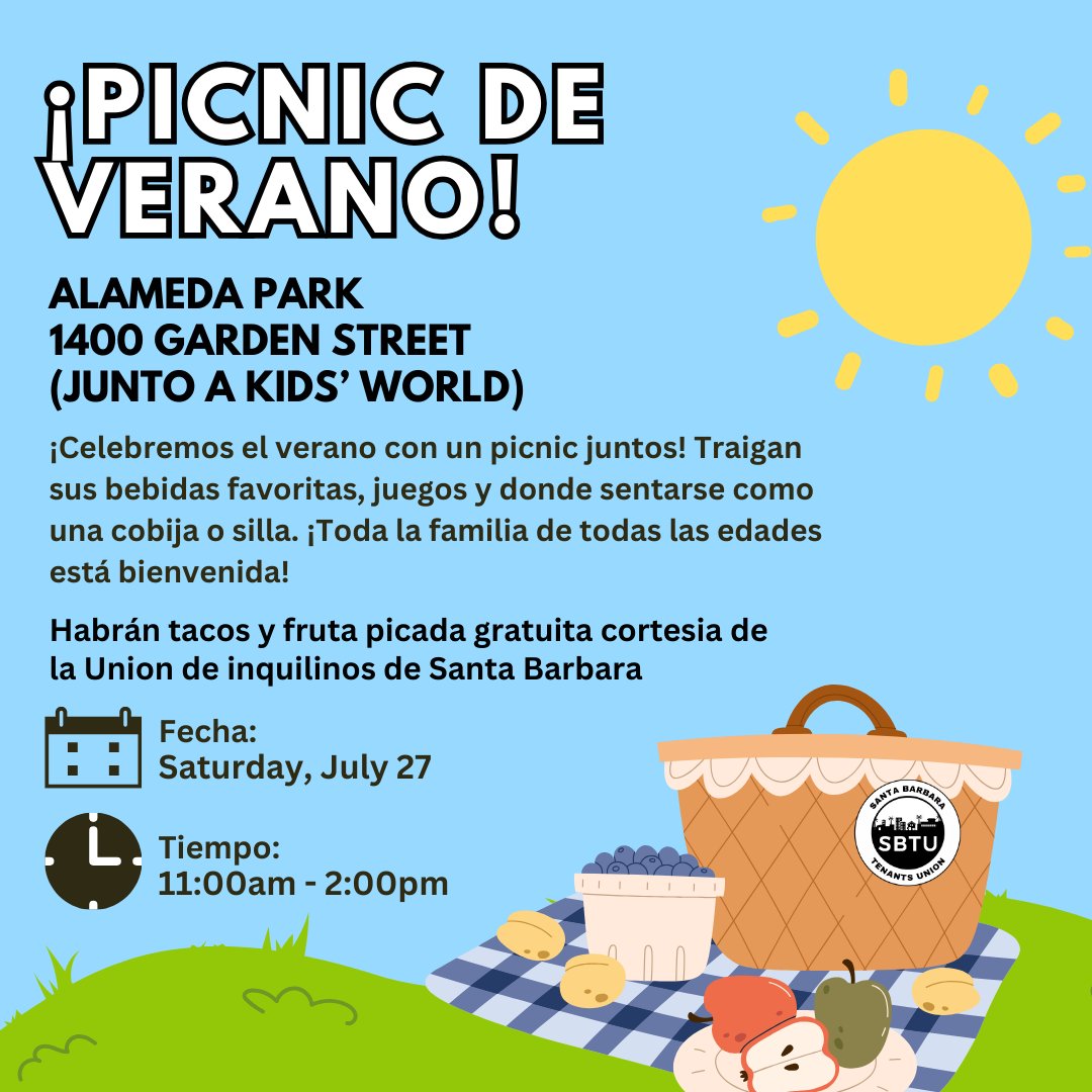 Mark your calendars! 📅

July 27th we will be having our summer picnic at Alameda Park! 🌮

¡Marquen sus calendarios! 

¡El 27 de julio tendremos nuestro picnic de verano en Alameda Park! 🌮