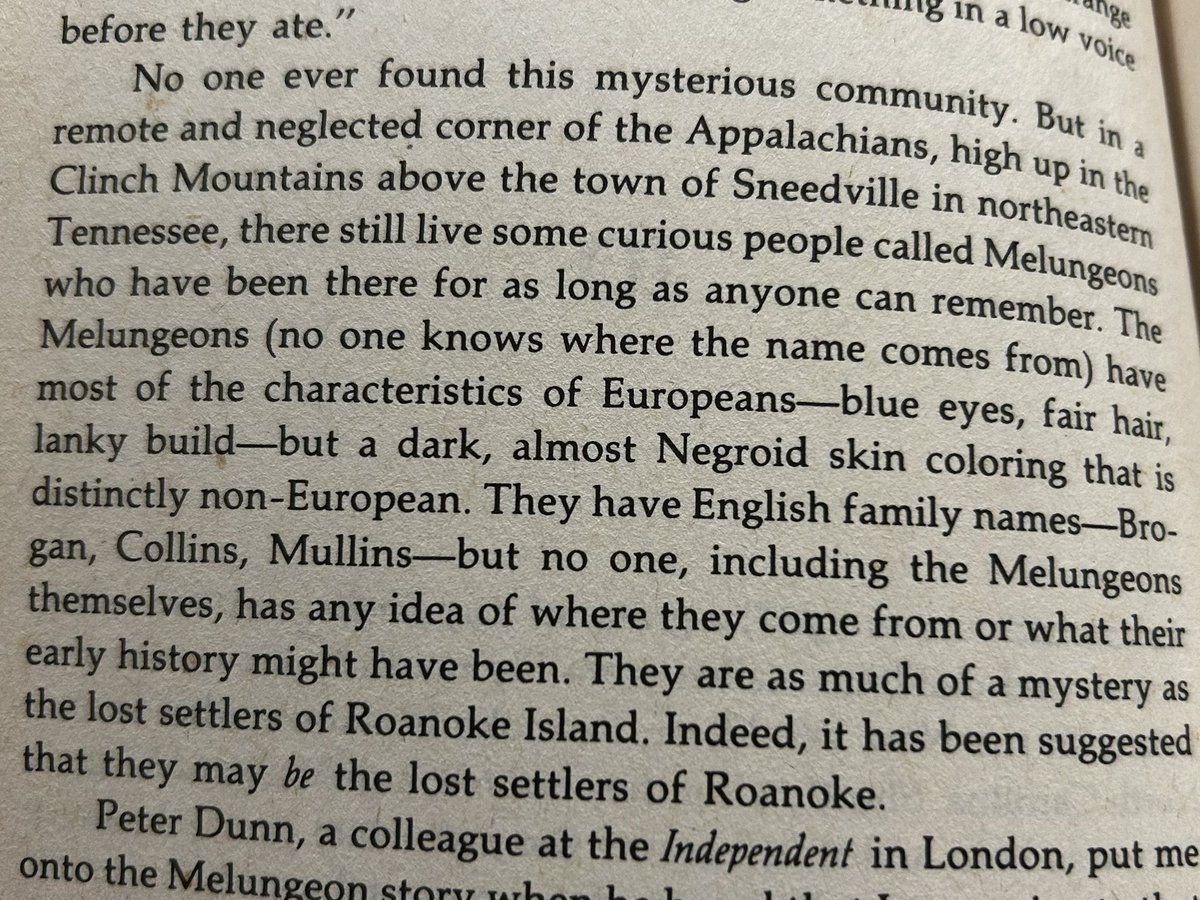 A “no shitter…” so I first learn of the Melungeons in <a href="/TheHistoryOfTh2/">TheHistoryOfTheAmericans</a> latest podcast on NC. I start reading a copy of Bill Bryson’s “the lost continent” I found in my AirBnB and there on page 100…the Melungeons! I hope Jack’s muse keeps him on track for that cast…