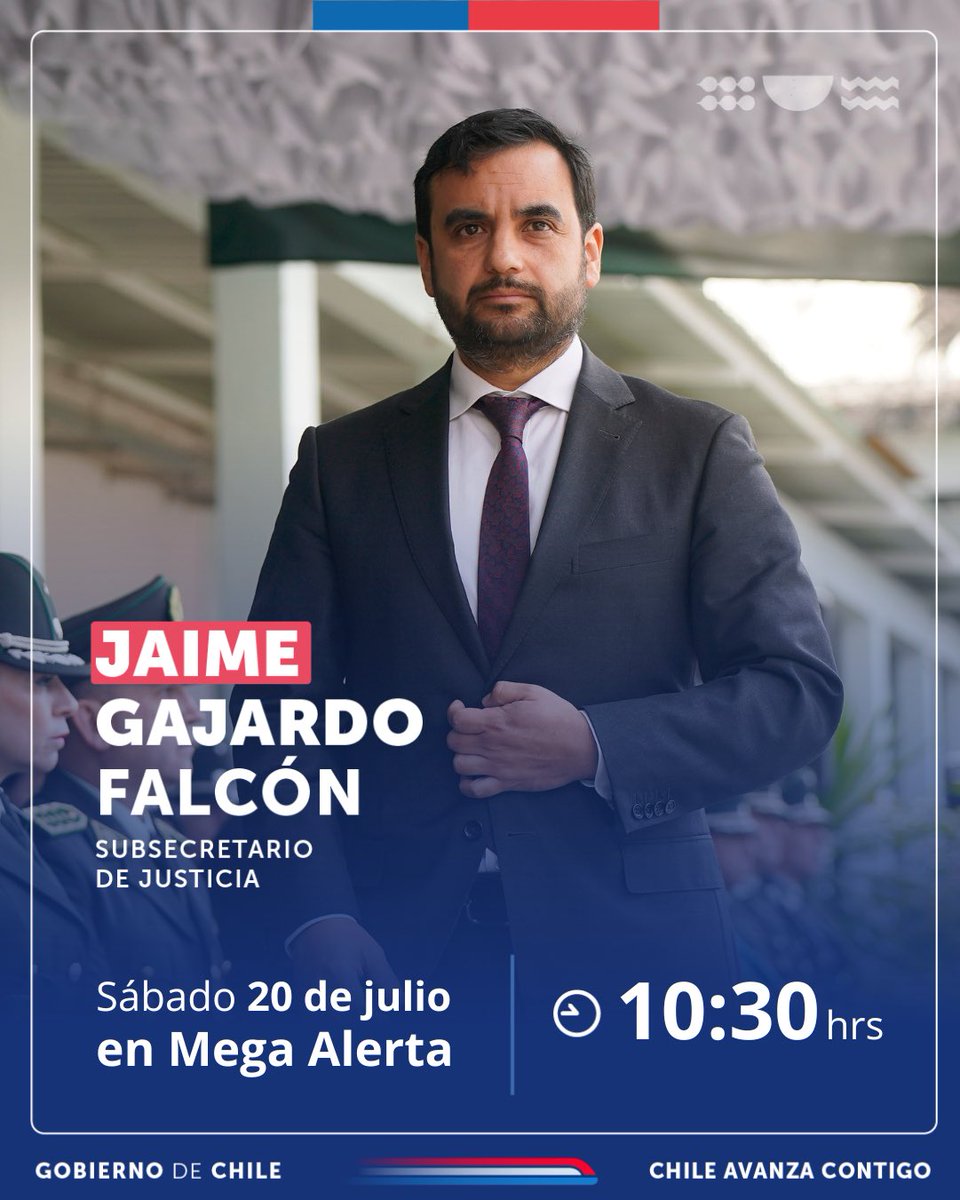 SubseJusticiaCl's tweet photo. Inicia el fin de semana acompañando al subsecretario @jgajardofalcon, que conversará con #MegaAlerta, para abordar los recientes anuncios en materia penitenciaria.
📡 Sintoniza la transmisión en @Mega y en https://t.co/CMAgHFRoAW https://t.co/bXuibuqEyl