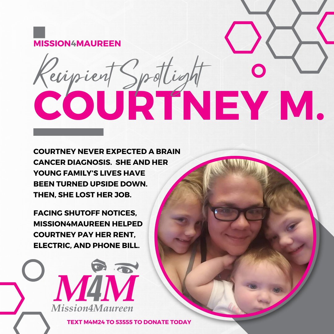 This past week, Mission4Maureen provided financial assistance to Courtney and her young family.  Facing shutoff notices, Mission4Maureen helped pay her rent and utility bills.

No one can do everything, but everyone can do something.

Donate at mission4maureen.org or text