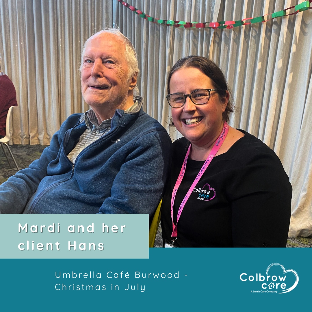 ColbrowHomecare's tweet photo. Our wonderful client Hans, accompanied by his Colbrow Care carer Mardi, recently visited the Umbrella Café in Burwood for a joyful Christmas in July celebration. #CommunitySupport https://t.co/QOjJOsfU1k