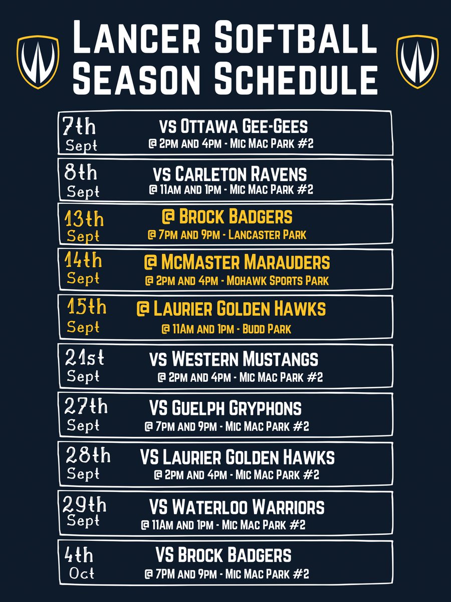 🚨🚨 SCHEDULE ALERT 🚨🚨 

Come watch your Lancer Softball team play this season at Mic Mac Park Diamond #2 starting in September! See you there 💙💛