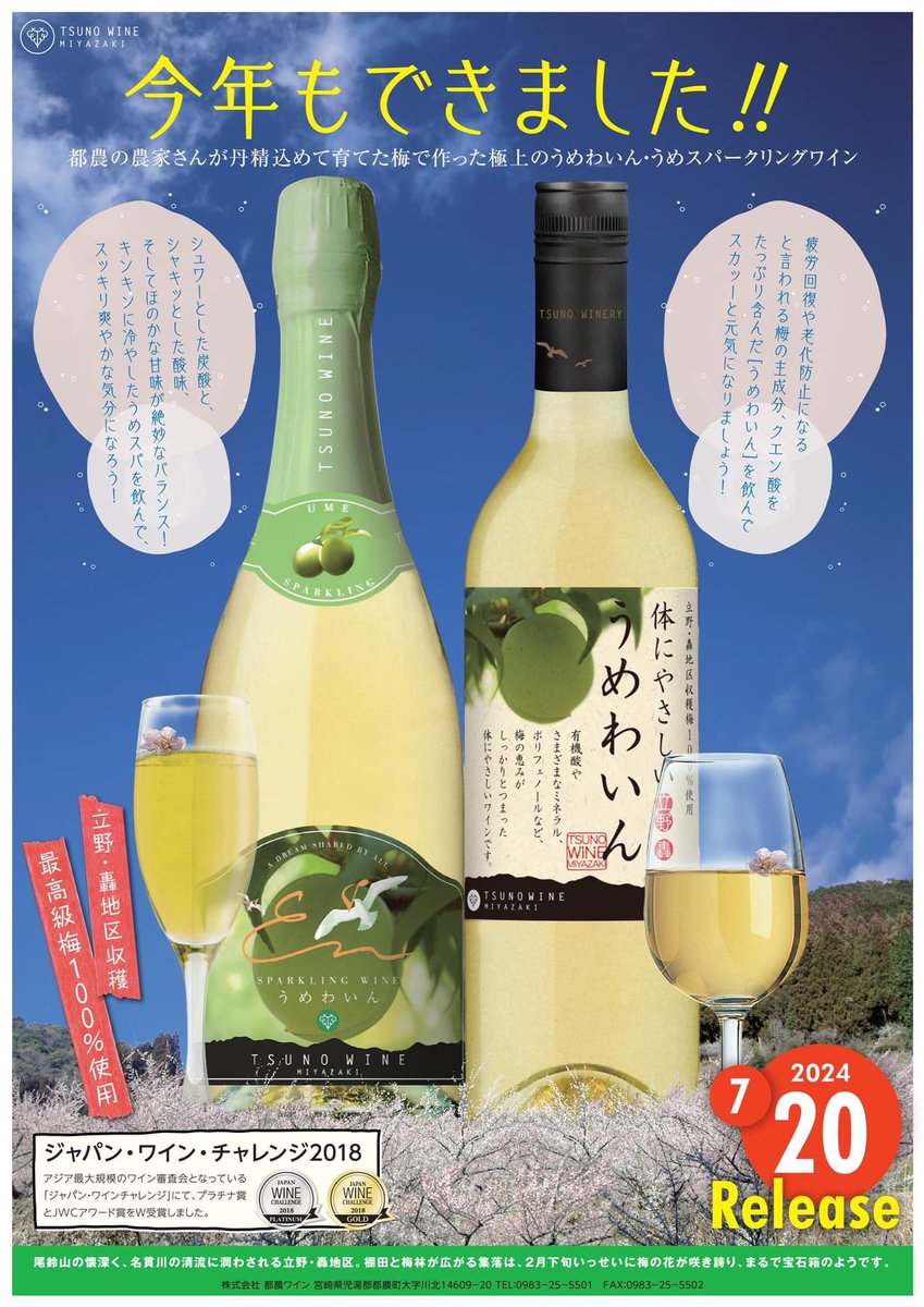 tsunowine's tweet photo. 都農町の梅を醸したワイン。
スティルとスパークリングが
楽しめます！
スッキリ爽やかな梅のワインで
暑い夏を乗り切りましょう！

竜田揚げや酢の物と
相性抜群です！！
https://t.co/FrOCdI3n8w https://t.co/naxhquykFW