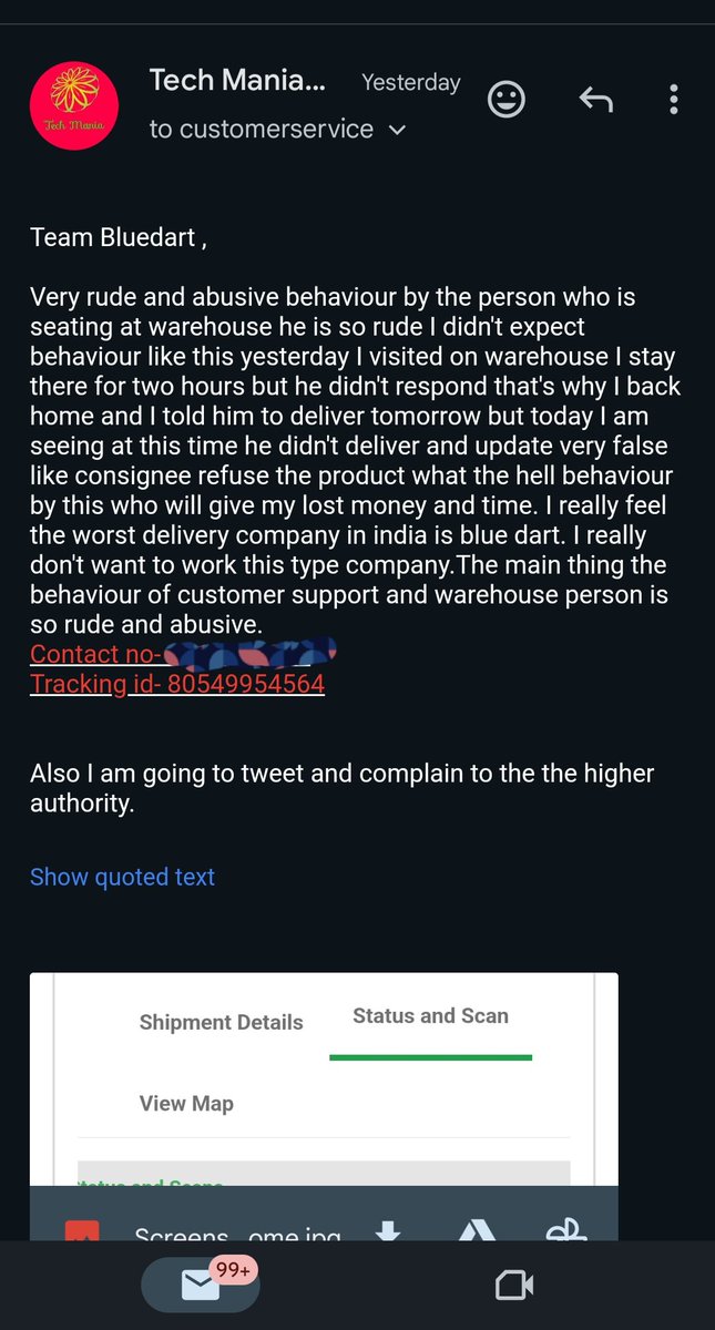 _techpraveen's tweet photo. @BlueDartCares @BlueDart_ 
Very rude and abusive behaviour by the person who is seating at warehouse he is so rude I didn't expect behaviour like this yesterday I visited on warehouse I stay there for two hours but he didn't respond that's why I back home
Tracking id- 80549954564 https://t.co/nSbrrKhlXu