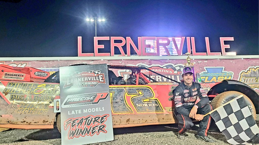 Lernerville's tweet photo. Make it six wins on the year for Micheal Norris as he takes the lead from Alex Ferree in the final laps of tonight's  Precise Racing Products Late Model feature en route to Terry Bowser Victory Lane. Congrats Mike and crew! https://t.co/S0tTMLrRFO