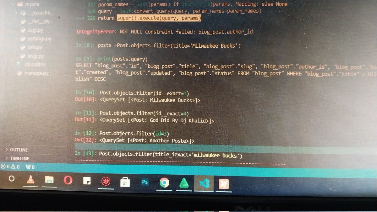 BlaqDevvv's tweet image. 📅Day41#100DaysOfCode 
○BasicsOfDjango 
●Rendered Template for  (TourAgencyApp)
●Continues with Filtering Objects(QuerySets) 
●Query Attributes ,Exact Match ,Undefined,Non Case Sensitive lookup ,Containments,Icontainments,Iterables greate,less,greater/less/Equal
#PythonDjango