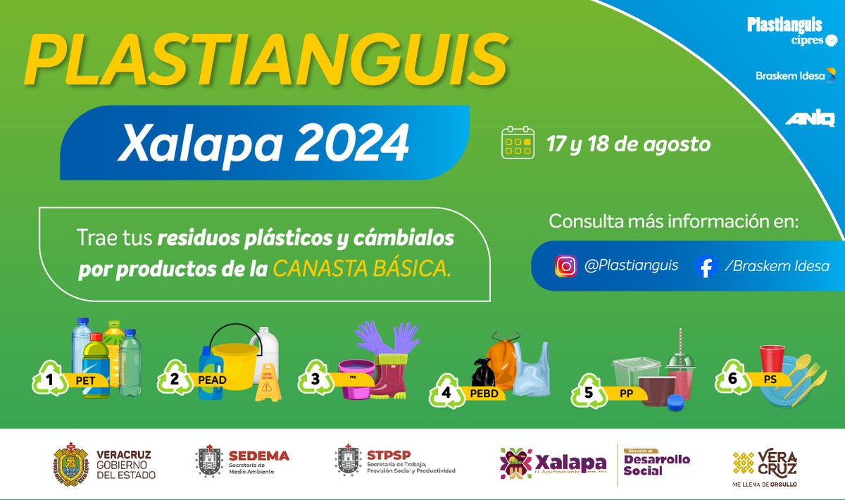 ¡Plastianguis Xalapa regresa! ​
 
Asiste los días 17 y 18 de agosto de 9 a 4 pm. Un evento donde reafirmamos nuestro compromiso con la sostenibilidad y el cuidado del medio ambiente.​
 
#PlastianguisXalapa #Reciclaje #Sostenibilidad #MedioAmbiente
