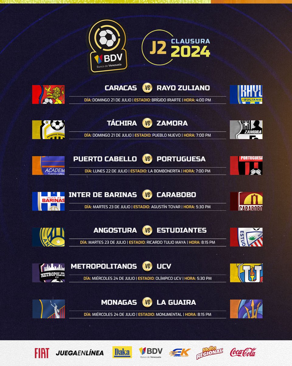 LigaFUTVE's tweet photo. 😎 • Esto no se detiene 
⚽️ • La Jornada 2️⃣ del Clausura arranca este domingo en el Brígido Iriarte 

👀 • ¿Cuál es el compromiso más atractivo de la fecha? 

#LigaFUTVEBancoDeVenezuela https://t.co/fWx8e0Ol7Z