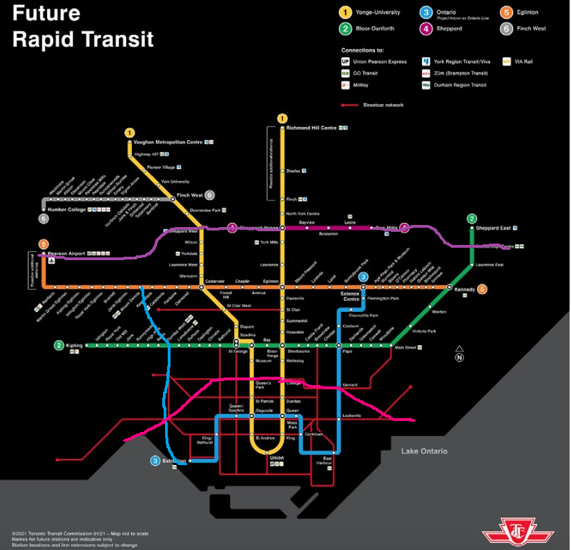swo_transit's tweet photo. @liamdahl Yes, you said no-extensions, but easier to visualize with adding in the should exist extensions too.

Sheppard across the top of the city airport to Scarborough.

Ontario Line becomes a W

New line cutting between Midtown and Ontario Line through core, working south to lake. https://t.co/iOBRmMAsOo