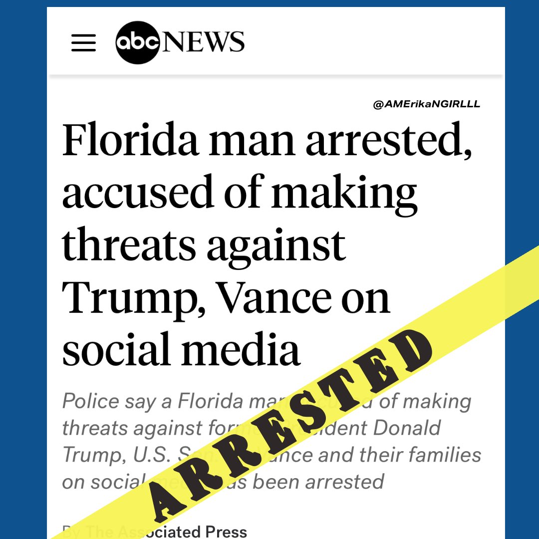 AMErikaNGIRLLL's tweet photo. GREAT JOB FL! Man who made  multiple written threats to Pres Trump &amp; Sen. Vance arrested in Jupiter FL⚠️

Detectives said Michael W. Wiseman had made threats on Facebook against Trump and Vance. The investigation was conducted in coordination with the U.S. Secret Service and the https://t.co/dtePUHOiqo