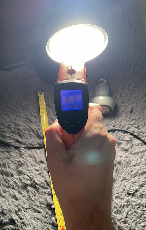 shallowydeep's tweet photo. @Ferns__ @TheRealAllenFox It's like a single-pixel IR camera, will average everything within a circle that gets larger the farther away you are. At 10 feet and 25ºC ambient, I was getting over 43ºC for a 65W halogen vs. less than 27ºC for an LED. So it should work. https://t.co/vsx4JFYyiT