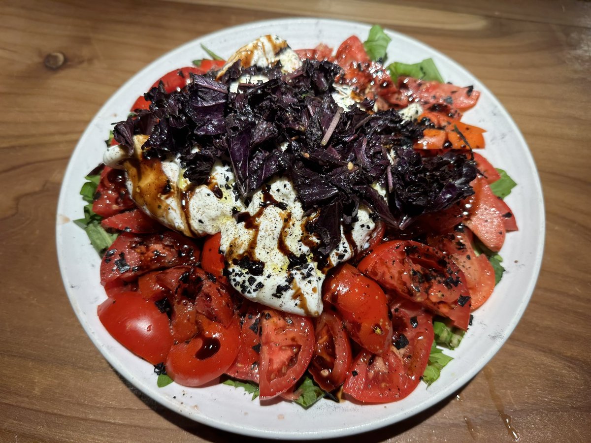 Dandelion greens then Roma tomatoes from our garden and dry farm tomatoes, fresh burrata, Meyer lemon EVOO, aged balsamic and purple basil, black Maldon salt and crushed pepper.

Summer heaven.