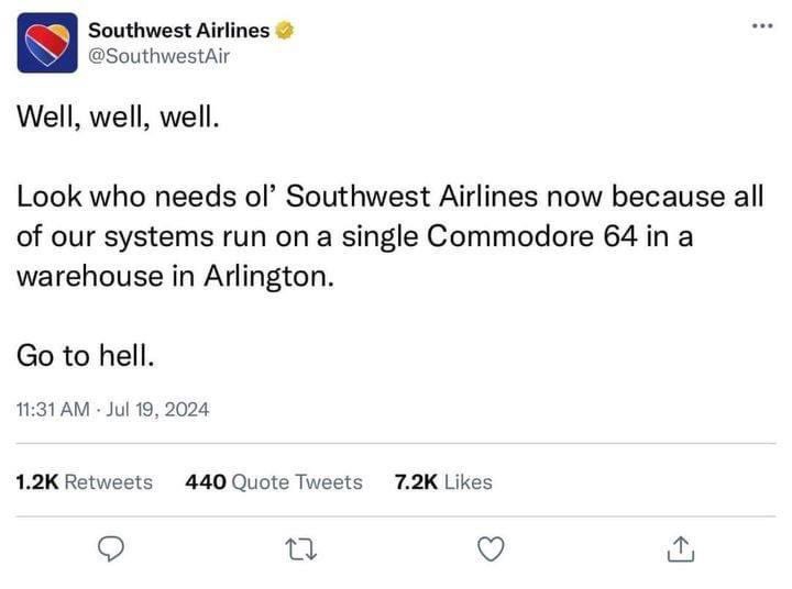 I sure wish <a href="/Delta/">Delta</a> ran its systems on a single Commodore 64 in an Arlington warehouse. Not even half way to my destination yet (Munich), but I am luckier than #AIDS2024 delegates denied ability to join the conference in person due to visa denials.