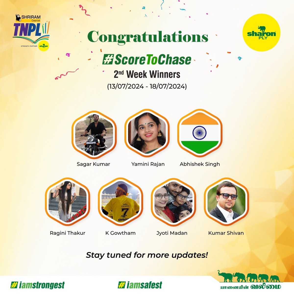 SharonPlyIndia's tweet photo. Cricket Lovers, Gather Around!
The second week of our TNPL #ScoreToChase contest has wrapped up, and we are thrilled to announce our latest batch of winners. SharonPly sends a big shout-out to you all for your impressive predictions.
Don't worry if you missed out this week! https://t.co/BS3ubb6WAF