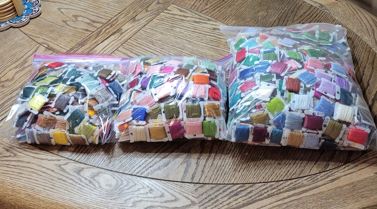 SeeingTwo's tweet image. Remember these 8 containers of floss I bought for $40?  I finished putting the skeins on bobbins. They filled two 20-gallon &amp;amp; one 40-gallon bags. I think she had every single DMC thread. I need to put them in numerical order. 🤪