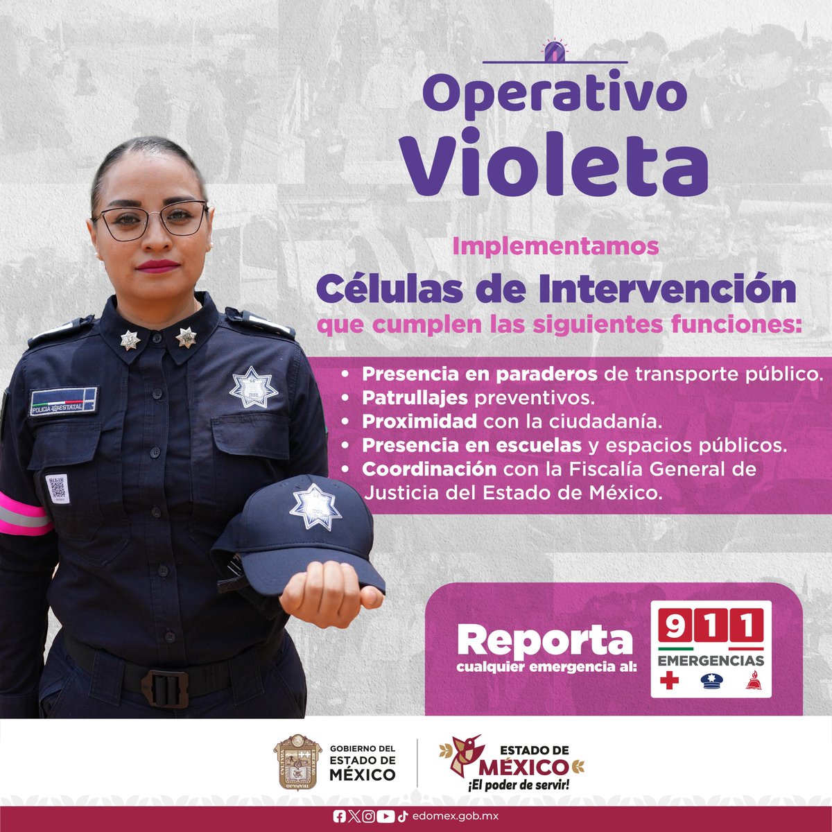 SS_Edomex's tweet photo. El personal de la #SSEdoméx pone en marcha el #OperativoVioleta, dispositivo de seguridad diseñado para disminuir los índices de violencia de género en el #EstadoDeMéxico.
Ante emergencias comunícate al 9-1-1.
#Denucia al 089. https://t.co/TEAIq6EOZq