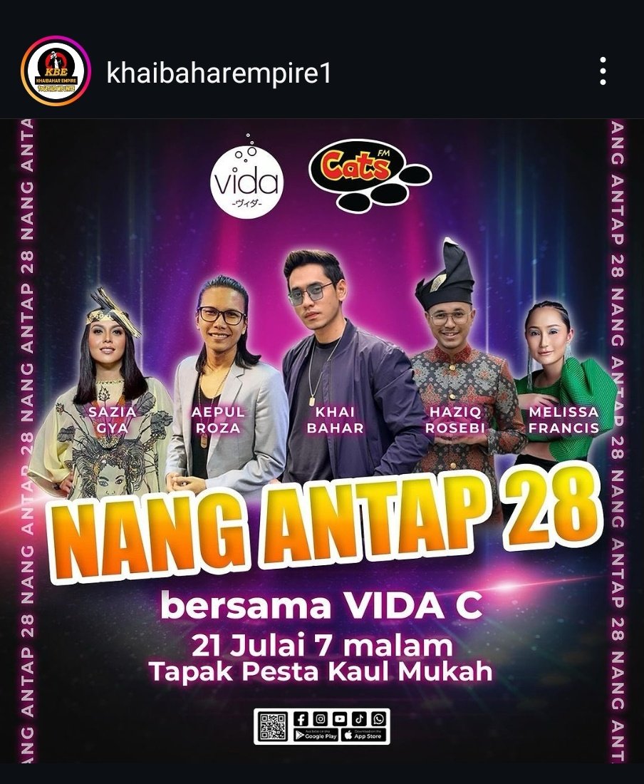 WENDYANGEL333's tweet photo. Nang Antap 28 Bersama Vida C

Sarawakians! Meet Khai Bahar on Sunday, 21 July 2024, at Tapak Pesta Kaul Mukah, 7 pm
@khaibahar94_

#KhaiBahar
#CATFM   #PestaKaul    #VidaMalaysia 
#WAalbum2024 https://t.co/3g7JdlWBLA