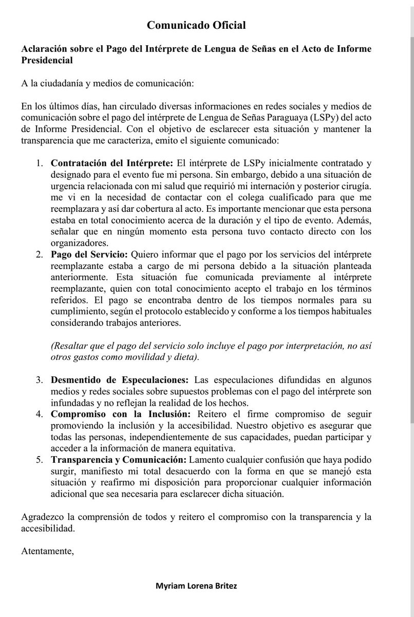 Te invito a ver el video en mi insta @lorena.britez donde aclaro el tema del pago al intérprete que cubrío el evento del informe presidencial.
#lenguadeseñaspy
<a href="/ABCDigital/">ABC Digital</a>
<a href="/UltimaHoracom/">Última Hora</a>
<a href="/SomosGEN/">GEN</a>
<a href="/RdnPY/">RDN</a>
<a href="/PyoHonesto/">Comandante Puma</a>
<a href="/PolemicaPy/">Polémica en el Bar PY</a>