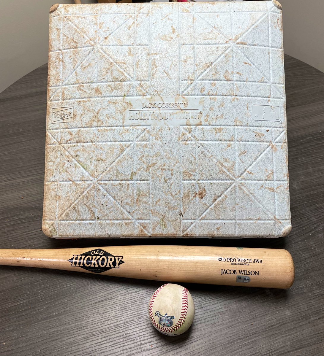 The baseball, bat &amp; 1B from Jacob Wilson’s 1st career hit 
#Athletics