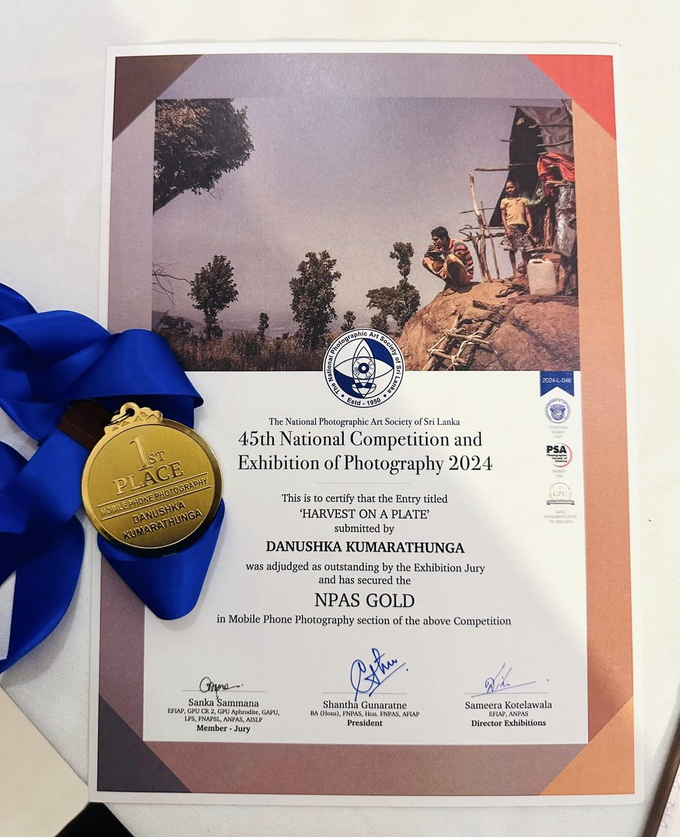 danushka_dk's tweet photo. NPAS GOLD MEDAL
I'm thrilled to share that I have been awarded the NPAS GOLD in the Mobile Phone Photography section at the 45th National Competition and Exhibition of Photography 2024,organized by The National Photographic Art Society of Sri Lanka!
#Photography #AwardWinning https://t.co/Eta4WTGxrG