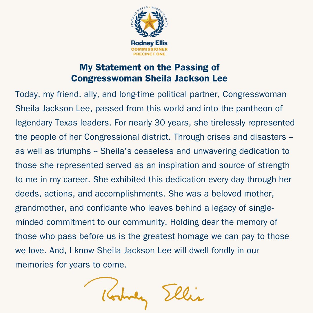 RodneyEllis's tweet image. My Statement on the Passing of Congresswoman Sheila Jackson Lee.