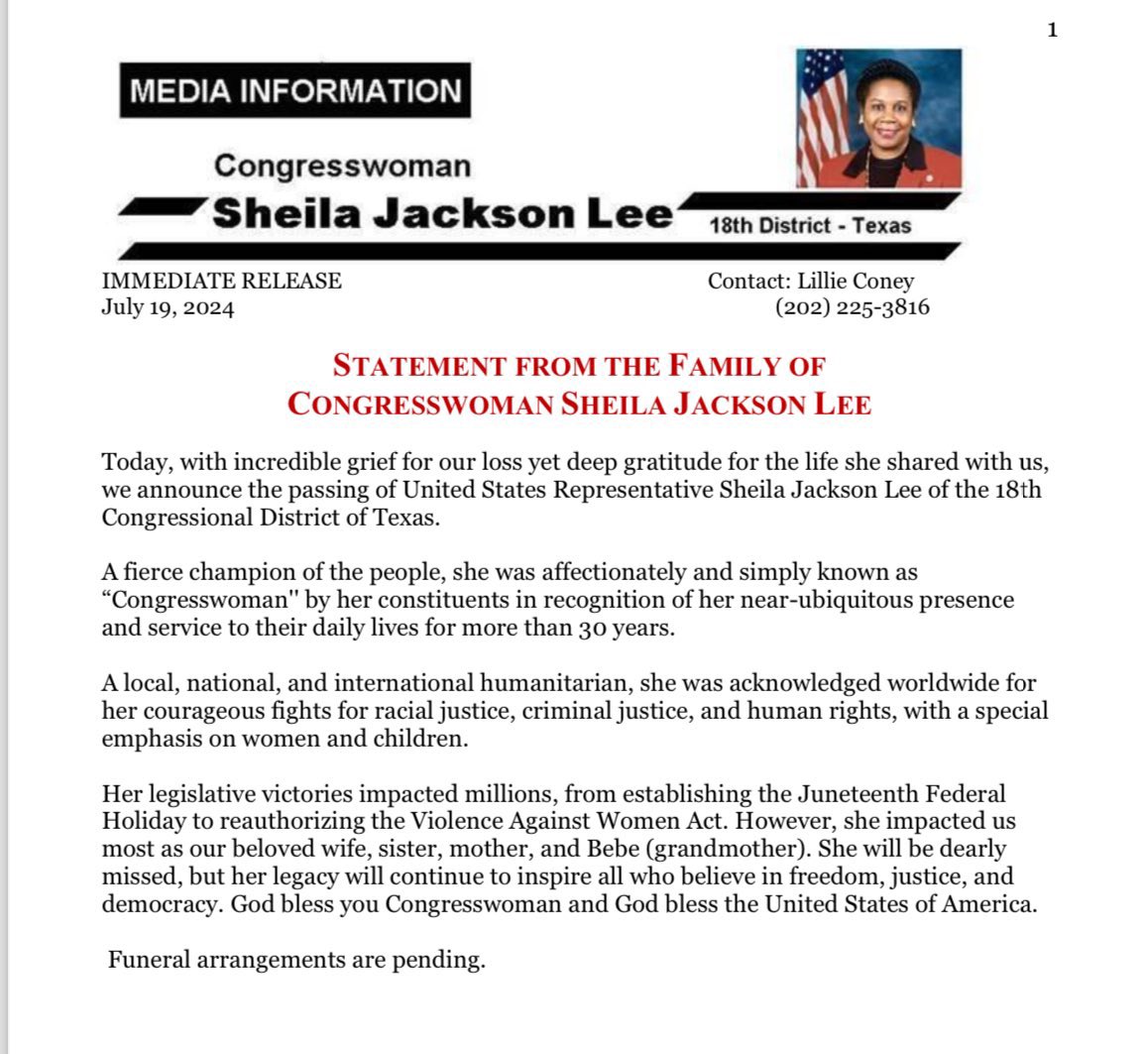 rolandsmartin's tweet photo. BREAKING NEWS: Congresswoman Sheila Jackson Lee has passed away. https://t.co/ERvzzRm8Fd
