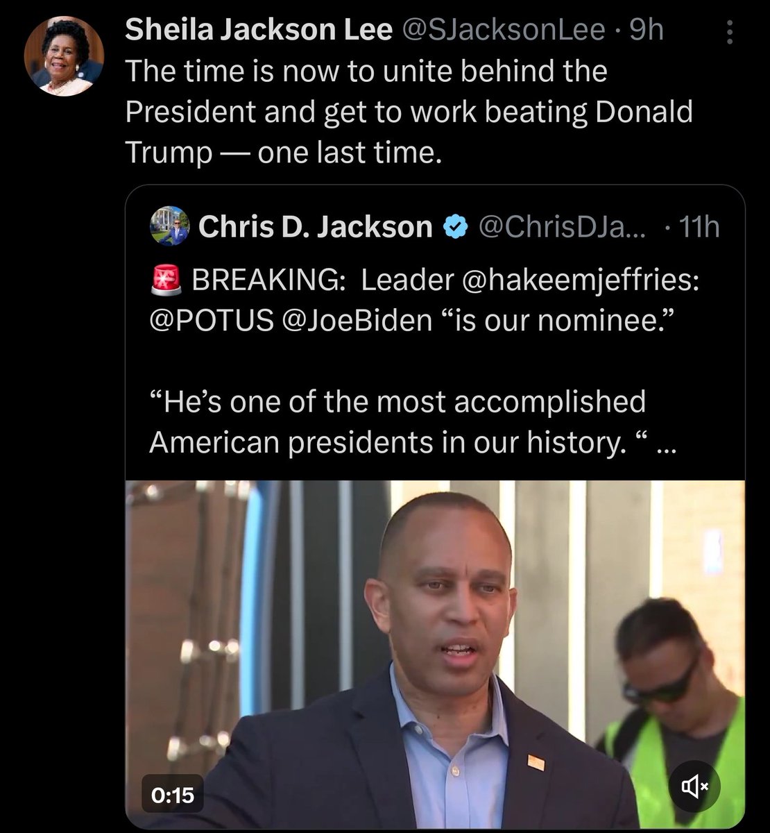 ChrisDJackson's tweet photo. My God. I just realized that the Congresswoman's last post on her personal account on here was a retweet of my post from earlier today. 

Her message? 'Unite Behind Joe Biden to beat Donald Trump.'

Rest in peace, Congresswoman. 💔 https://t.co/jhPiynpG23