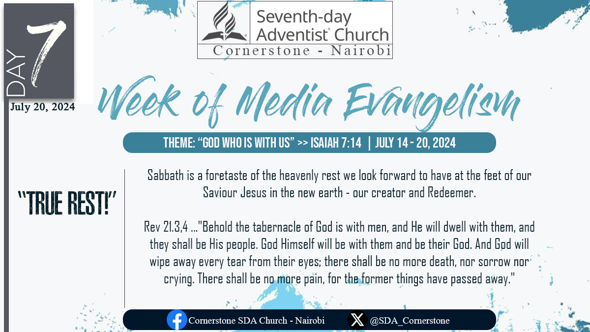 SDA_Cornerstone's tweet photo. Week of Media Evangelism

Day 7 - TRUE REST

"Sabbath is a foretaste of the heavenly rest we look forward to have at the feet of our Saviour Jesus in the new earth - our Creator and Redeemer.
#GodWhoIsWithUs #WeekOfMediaEvangelism #Day7 #TrueRest #HappySabbath https://t.co/zw28PcwSCH