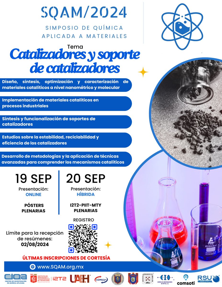 SQAM_PIIT's tweet photo. CONVOCATORIA ABIERTA
¡REGISTRATE AHORA!  
 #Tópico: Catalizadores y soporte de catalizadores
Link de registro: https://t.co/s9qEJA36NP
 #Chemistry #MaterialsScience #materialsengineering #nanomaterial #biomaterials #composites #catalyst #coatingstechnology #ılovescience https://t.co/Pm96FIlyEP