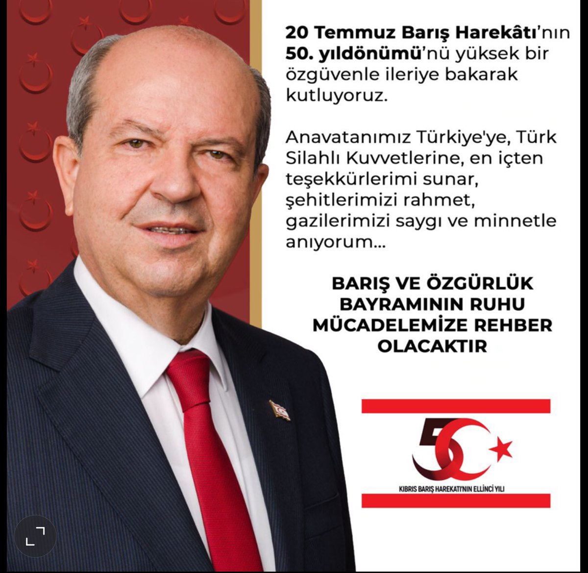 ErsinrTatar's tweet photo. 20 Temmuz 1974 Kıbrıs Barış Harekatı’nın 50. yıldönümünde Barış ve Özgürlük Bayramınızı en içten duygularımla kutluyorum. https://t.co/8s0nRpjazF