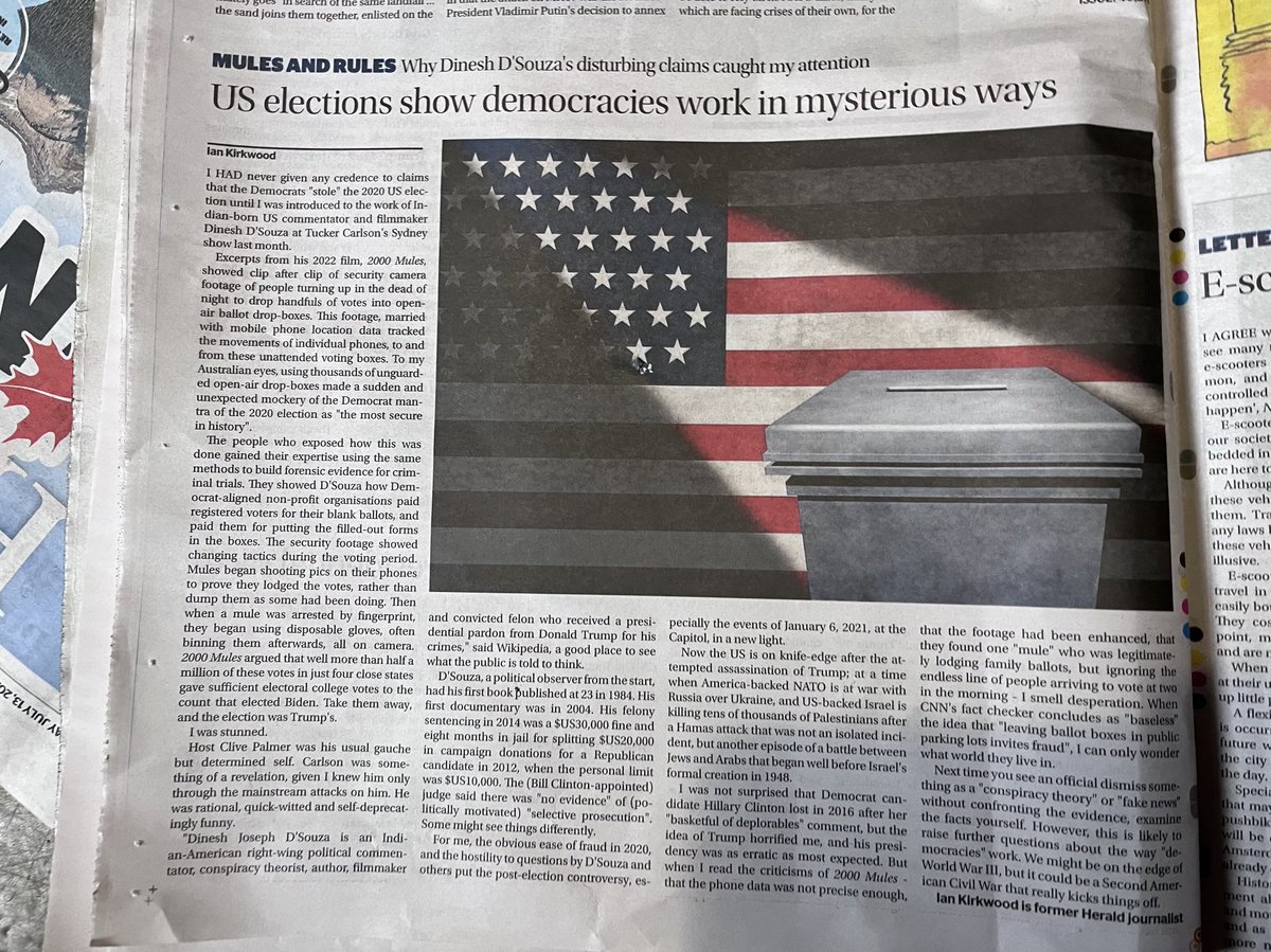 ianattheherald's tweet photo. PLEASE REPOST OR QUOTE #PROQ My ⁦⁦@newcastleherald⁩ piece on ⁦@TuckerCarlson⁩’s July Sydney date,  @DineshDSouza showing how unattended ballot boxes demolish claims 2020 was “the most secure election in history”. Plus the attempted hit on ⁦@realDonaldTrump⁩. https://t.co/vVwOwTHQ28